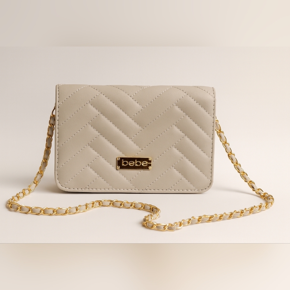 Bebe Beige Quilted Mini Crossbody Bag with Gold Chain – Elegant Chevron Design